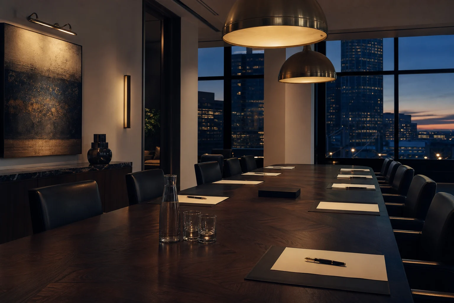 La sala de directorio al atardecer: una mesa larga y oscura, papeles y una pluma fuente dispuestos con precisión