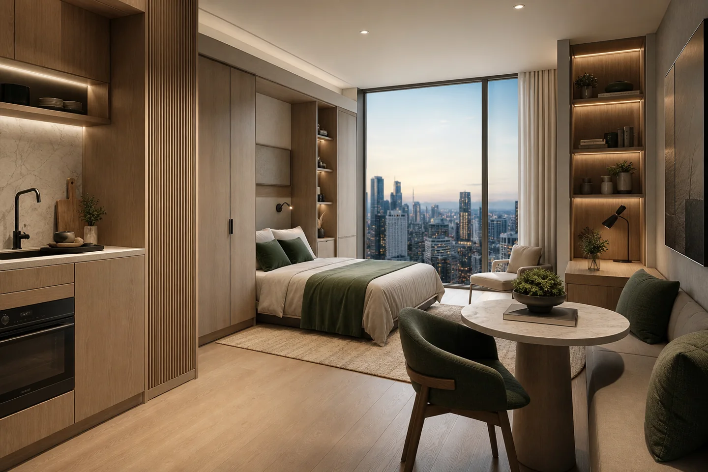 Render interior de unidad (render de estudio como placeholder para la unidad de 3 dormitorios)
