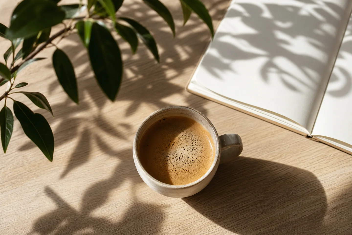 Vista cenital de una taza de café recién preparado sobre una mesa de madera