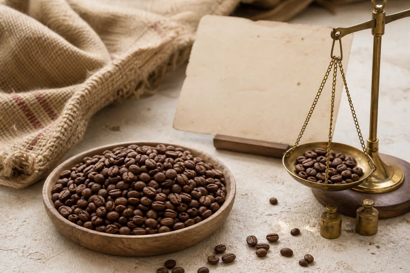 Composición plana de herramientas de origen: una ficha de lote impresa, muestras de café verde y un refractómetro de mano