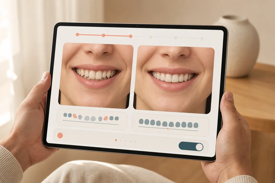 Tablet showing a simulated before-and-after smile comparison: crowded teeth aligned with clear aligners