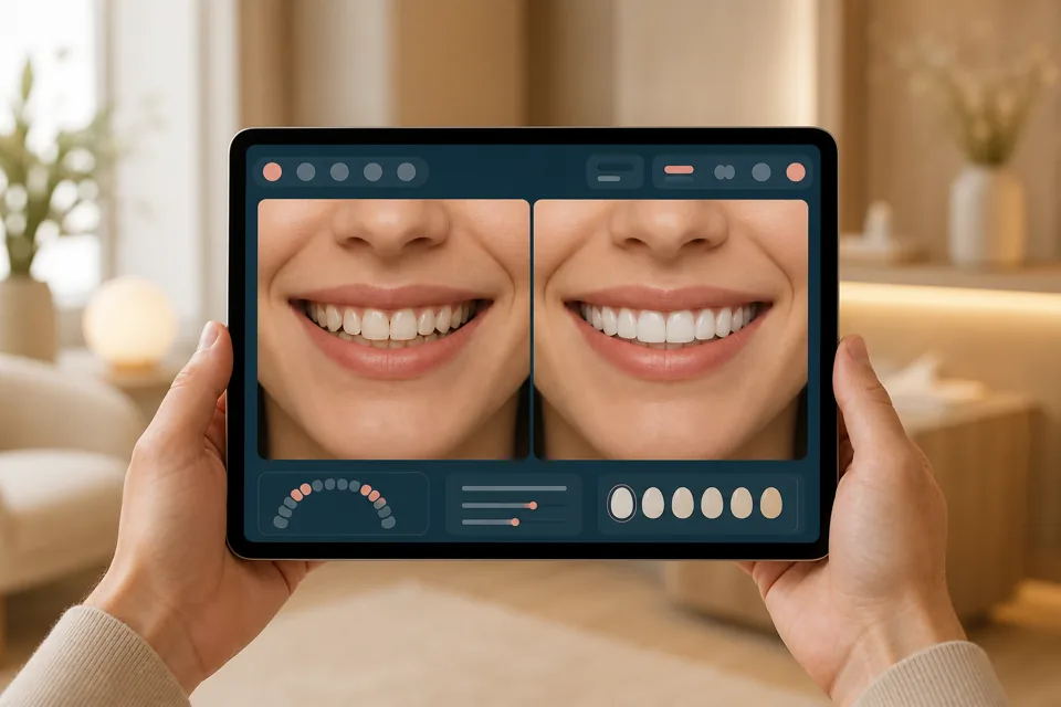 Tablet showing a simulated before-and-after smile comparison: uneven teeth refined with veneers