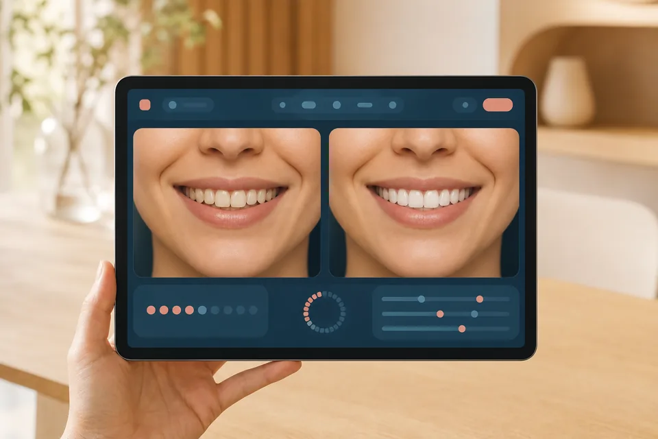 Tablet showing a simulated before-and-after smile comparison: natural teeth brightened and aligned
