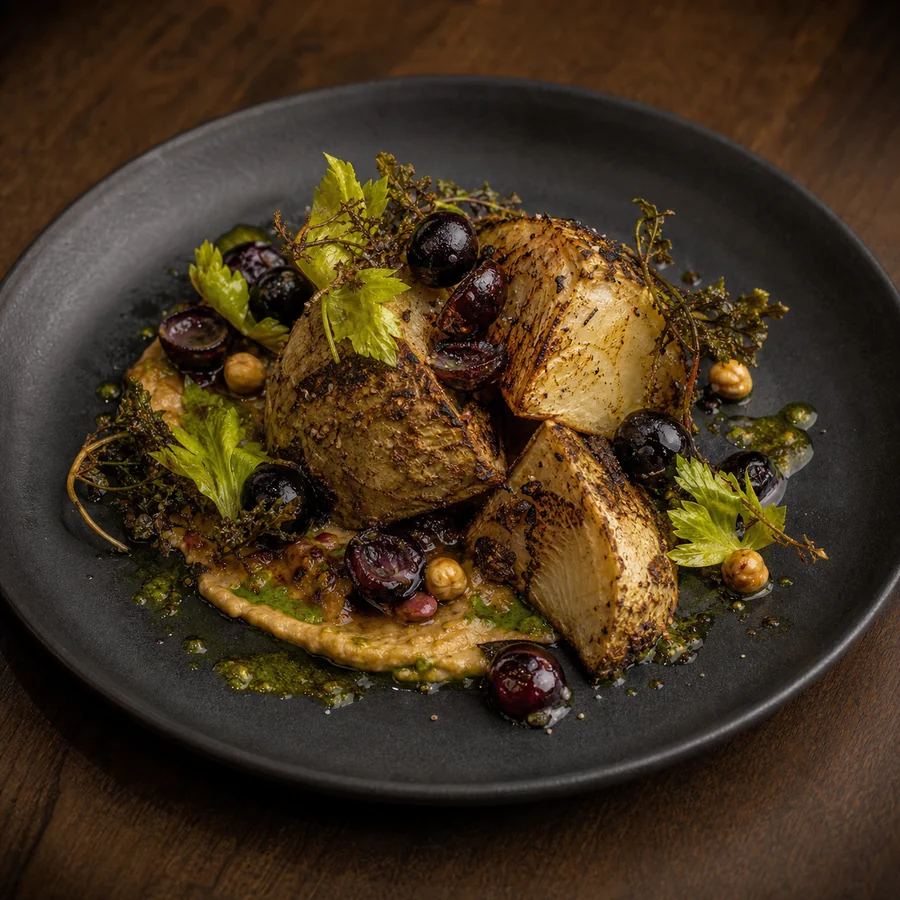 Apionabo horneado en brasas con miso de avellanas, uvas tatemadas y aceite de hojas de apio