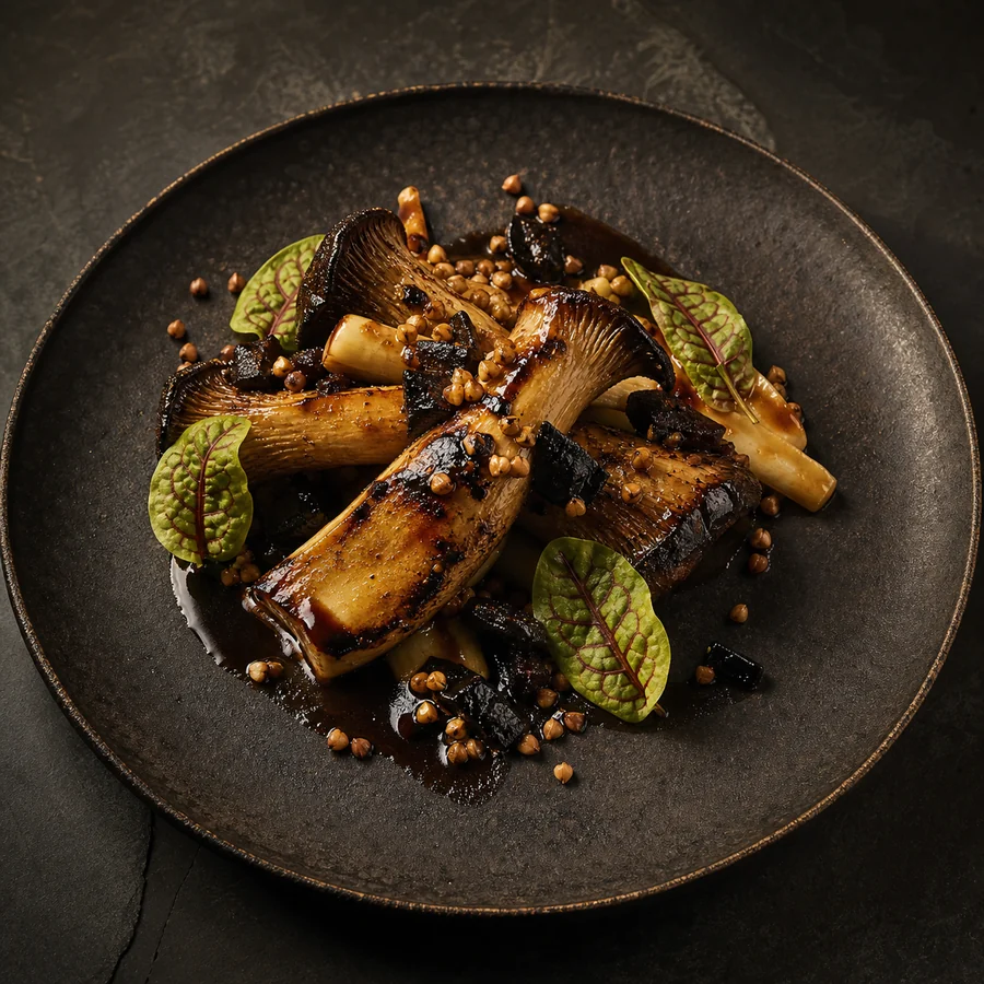 Hongos ostra rey tatemados con tamarindo, ajo negro y trigo sarraceno tostado